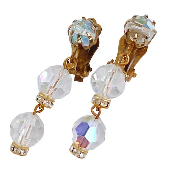 Vintage Mid Century AB Crystal Cocktail Earrings 1950s 1960s Gold Tone Clip On - Picture 12 of 15